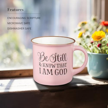 Christian Art Gifts Pink Camp Style Be Still and Know Ceramic Coffee Mug - style: Be Still & Know