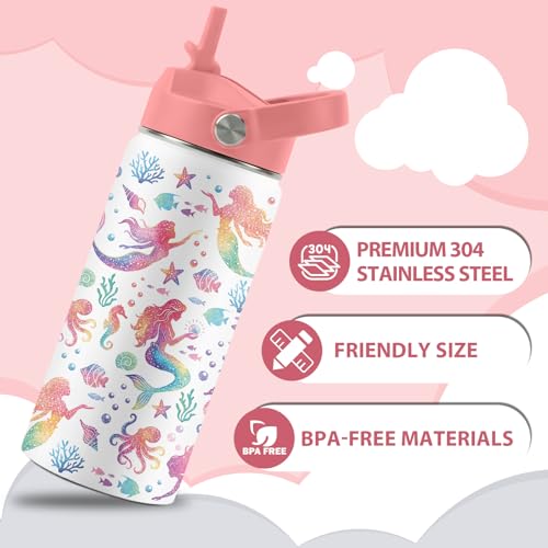 Mermaid Gifts for Girls, Mermaid Water Bottle with Straw Lid, 16 oz Insulated Stainless Steel Tumbler, Travel Cups, Birthday Gifts for Girls - color: Mermaid
