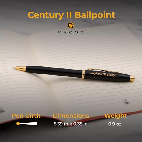 Cross Century II Personalized Ballpoint Pen in Black Lacquer with Gold Trim - color: Black