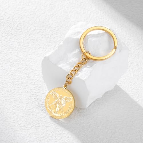 TEAMER Saint Michael Keychain Stainless Steel Religious St. Michael Keychain The Great Protector Archangel Amulet Jewelry - color: Gold