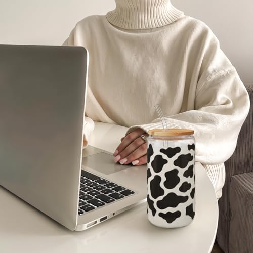 SANDJEST Cow Glass Can, Cow Prints Cup with Lid & Straw, Iced Coffee Aesthetic Cups, Idea Gift for Christmas Birthday Mother Day, Gifts for Women, 16oz - color: Cow Skin