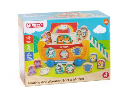 Jasey's Toy Chest Noah's Ark Wooden Sort & Match | 18-Piece Shape Sorting Ark with Animal Pairs, Figures & Ladder | Educational Toy for Toddlers Ages 18+ Months