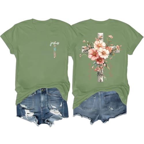 Faith Cross Christian T-Shirt with Boho Floral Cross Print Short Sleeve Casual Graphic Tee for Women - color: Green, size: Large