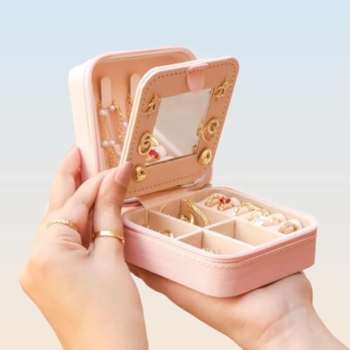 Ships Next Day, Personalized Travel Jewelry Mirror Case with Name Birth Flower, Bridesmaid Proposal Gifts Box Custom Birthday Gifts for Women, Christmas Customized Gifts for Teenage Girls - color: Birth and Flower Box-Pink