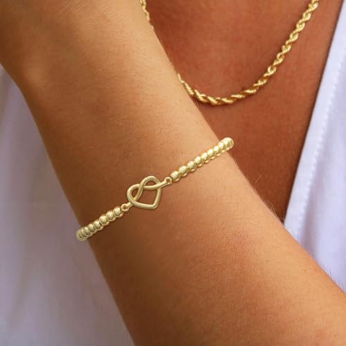 Gold Bracelets for Women 14K Gold Plated Bead Bracelet Hypoallergenic Stretch Bracelets for Women Elastic Bracelet Trendy Teen Gift Dainty Jewelry for Women - style: Knot Heart