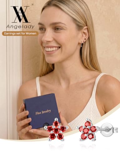 Angelady Gold Hoop Earrings Set for Women, Dainty 14K Gold Plated Flower Moon Cross Dangle Earrings, Hypoallergenic Huggie Hoop Earring Stacks, Stud Earrings for Women Trendy Jewelry Gift - color: Silver Red CZ