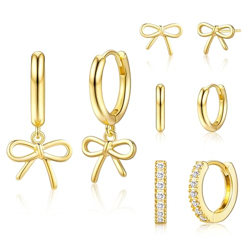 Small Gold Huggie Hoop Earrings Set for Women Men Hypoallergenic 14K Plated Stack Cartilage Earrings, Sterling Silver Multiple Piercing Lightweight Mini Thin Cute Dainty Trendy Jewelry Gifts for Women - color: Gold-Bow