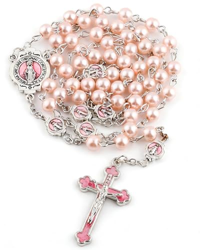 Catholic Rosary Necklace, Solid Glass Beads, Prayer Guide Included, Faith Gift for Women - color: Pink