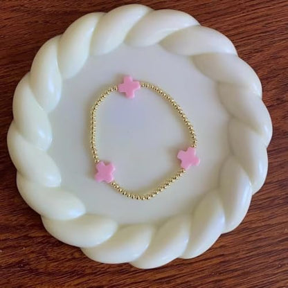 Colorful Cross Charm Bracelets for Women Men Adjustable Gold Plated Beaded Bracelet Boho Bead Ball Stretch Bracelet Birthday Summer Beach Jewelry - color: Pink