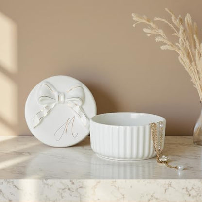 COLLECTIVE HOME Ceramic Jewelry Box with Bow, Nightstand Vanity Decor(M) - color: M