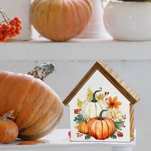 Pumpkin Decor Fall Pumpkins House Shaped Wood Block Sign - color: Pumpkins