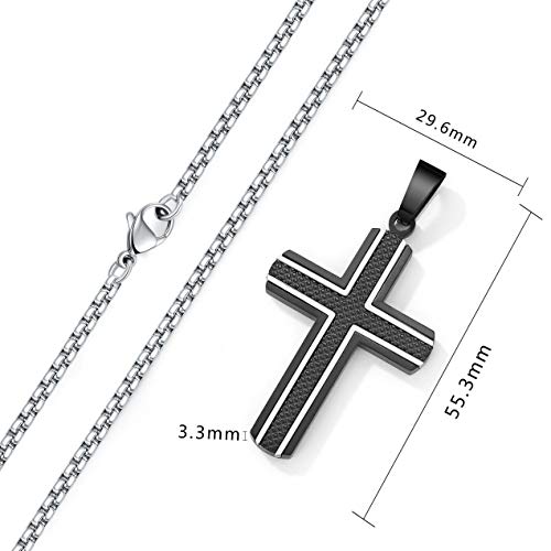 Men's Stainless Steel Cross Necklace,Two-Tone Black & Blue Carbon Fiber Pendant - Included Gift Box - style: Black & Silver XL004