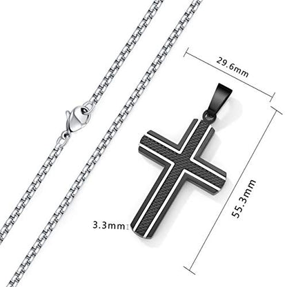 Men's Stainless Steel Cross Necklace,Two-Tone Black & Blue Carbon Fiber Pendant - Included Gift Box - style: Black & Silver XL004