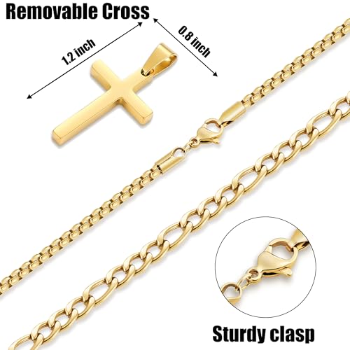 Fiusem 2 Pcs Cross Necklace Chain for Men, Stainless Steel Pendant - color: Gold, size: 16/18 Inches