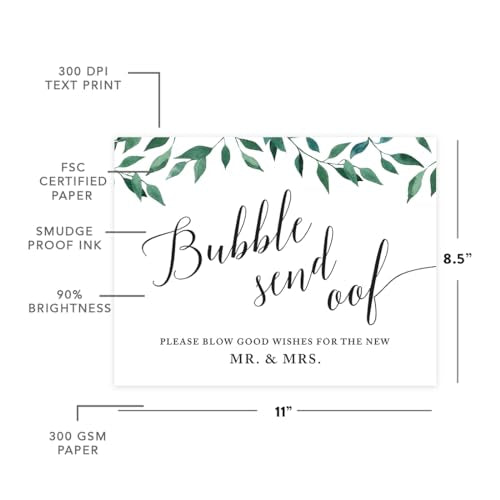 Andaz Press Wedding Party Signs, Natural Greenery Green Leaves, 8.5x11-inch, Bubble Send Off Please Blow Good Wishes for the New Mr. & Mrs. Sign, 1-Pack Wedding Send Off Ideas - color: Activities Bubbles Good Wishes