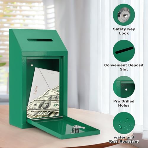 KYODOLED Cash Box for Farm Stand, Money Drop Box with Lock & Slot, Green - color: Green, size: 10.24 x 5.7 x 2.95 Inch