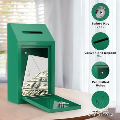 KYODOLED Cash Box for Farm Stand, Money Drop Box with Lock & Slot, Green - color: Green, size: 10.24 x 5.7 x 2.95 Inch
