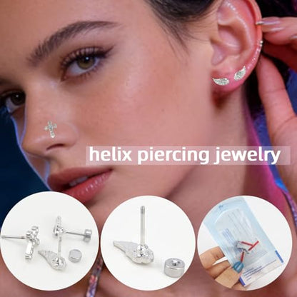 Sterling Silver Angel Wing & Cross Stud Earrings Set - Sparkly Rhinestone Helix Piercing Jewelry, Gothic Punk Cartilage Studs for Women Men Daily Wear