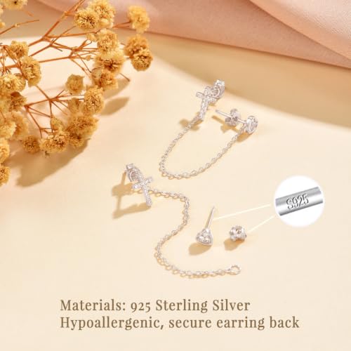 925 Sterling Silver Cross Heart Chain Stud Earring for Women - color: silvery