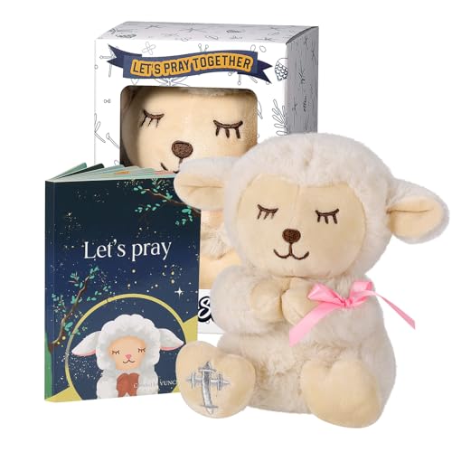 VUNCESSIN Baptism Gifts for Baby Girls with 7'' Cute Plush Lamb and Pray Book, Baptism, Dedication and Christening Gift Set for Girls in Keepsake Box. - color: Pink-lamb