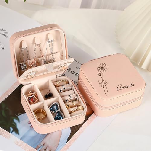 Ships Next Day, Personalized Travel Jewelry Mirror Case with Name Birth Flower, Bridesmaid Proposal Gifts Box Custom Birthday Gifts for Women, Christmas Customized Gifts for Teenage Girls - color: Birth and Flower Box-Pink
