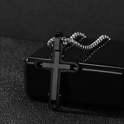 Holizaly Men's Cross Necklace 316L Stainless Steel Pendant White/Gold/Black/Blue Rolo Chain-Gift Box Included - color: Black-A