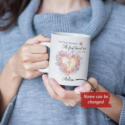 Floral Heart And Cross Design Accent Mug, Customized Name Christian Bible Verse Cup, Gift For Christian Men Women, Personalized Religious Coffee Mug 11oz 15oz, Custom Bible Verse Ceramic Cup - color: HOA-624-2166-WE LOVE MUG