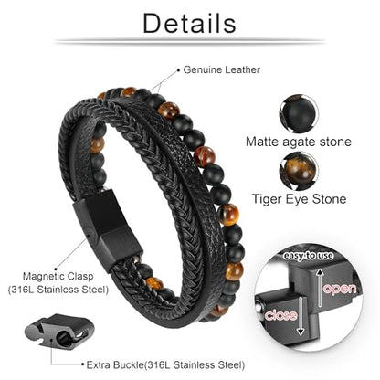 Beaded Leather Bracelets - Gifts for Men, 6mm Tiger Eye Lava Rock Stone Beads Braided Leather Bracelet Handmade Mens Bracelet With Adjustable Magnetic Clasp - color: Black-12
