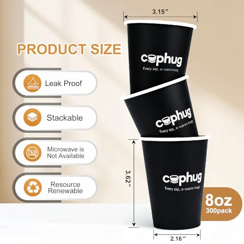 8oz Disposable Paper Coffee Cups, 300 Pack Small Hot Drink Cups for Beverage & Catering - color: Black, size: 8oz-300Pack