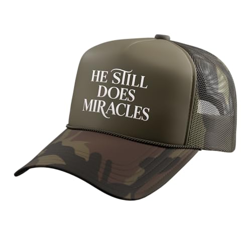 He Still Does Miracle Jesus Hat Gospel Faith Bible Verse Trucker Hat with Adjustable Mesh Back - color: Camo Green