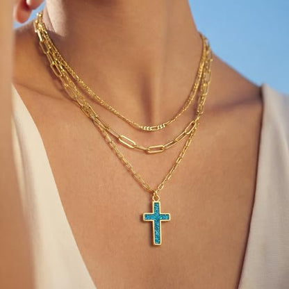 Cicy Bell Cross Pendant Necklace 18k Gold Plated Layered Necklaces - color: Style D-Blue