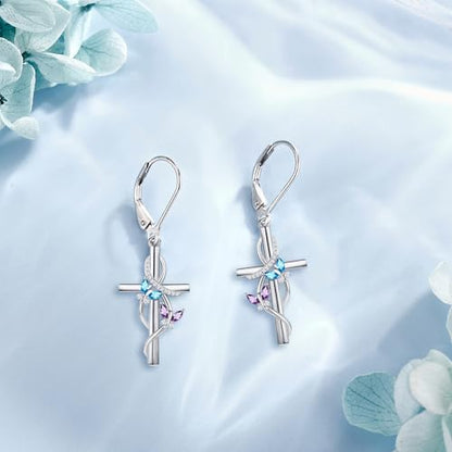 Flower Cross Earrings 925 Sterling Silver Daisy Butterfly Lily Violet Mushroom Dangle Drop Earrings Birth Flower Jewelry for Women Birthday Christmas Gifts - style: Butterfly Cross
