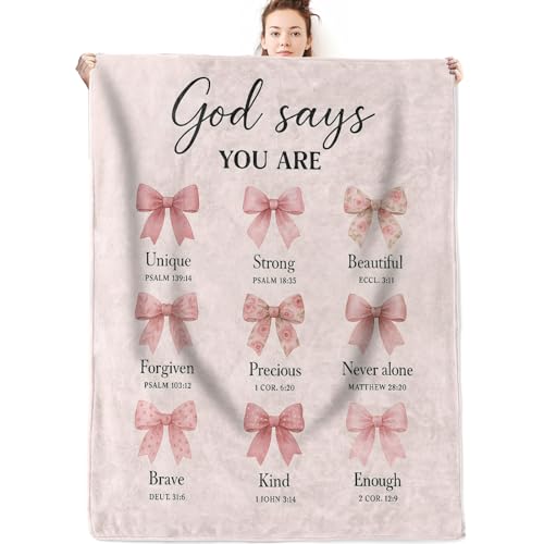 Christian Bible Flannel Blanket Gifts for Believer,50x40inch,Inspirational Religious Faith Throw Blankets with Pink Bow and Scripture,for Bedroom,Sofa,Living Room,Camping Home Decor Throws - color: Christian, size: 50x40 Inch