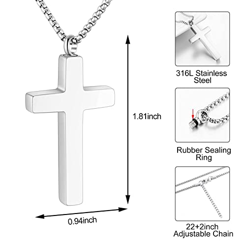 Dletay Cremation Necklace for Ashes Stainless Steel Cross Pendant Urn Necklace Memorial Keepsake Jewelry for Men Women - color: Silver-Custom