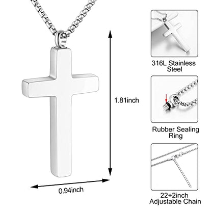 Dletay Cremation Necklace for Ashes Stainless Steel Cross Pendant Urn Necklace Memorial Keepsake Jewelry for Men Women - color: Silver-Custom