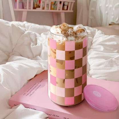 SANDJEST Checker 16 Oz Can Glass Tumbler with Acrylic Lid and Straw - Iced Coffee Cups for Women, Aesthetic Glass Cup Gift for Birthday Christmas - color: Checker 2