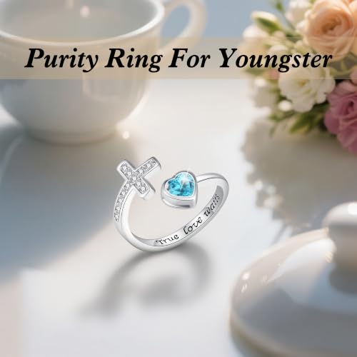 S925 Sterling Silver Birthstone Purity Ring For Women Cross Ring For Women Adjustable Ring - color: 03-March