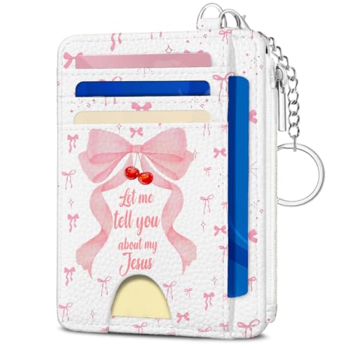 Pink Christian Bow Gifts for Women Girls, Religious Slim Wallet Card Holder for Her, Bible Inspired Pocket Credit Card Case with ID Window, RFID Blocking Wallet with Keychain and Zipper Coin Pocket