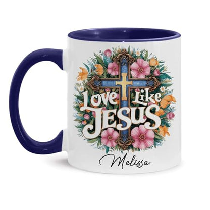 Love Like Jesus Ceramic Mug, Christian Cup With Customized Name, Inspirational Mug 11oz 15oz, Personalized Christian Faith Cup, Custom Mug Featuring Floral Cross Design, Gift For Christian - color: HOA-624-2167-LOVE LIKE JESUS MUG