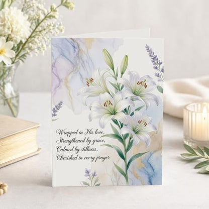Religious Greeting Card White & Purple Lily Bouquet Floral Design – 5x7 Inch Religious Card with Envelope for Easter Sympathy Baptism Confirmation Prayer – Faith Encouragement Elegant Floral Card — Single Card - color: White & Purple Lily Bouquet