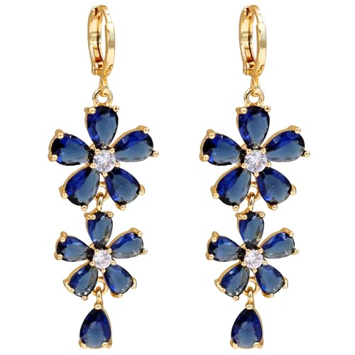 18K Gold Plated, Dangle Earrings for Women, Flower/Heart Drop earrings, Hypoallergenic Cubic Zirconia Earrings, Lightweight, Party, gold earrings, Jewelry for Gifts, Fashion - style: 7098-Blue