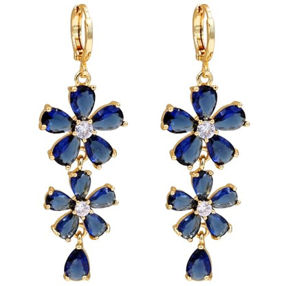 18K Gold Plated, Dangle Earrings for Women, Flower/Heart Drop earrings, Hypoallergenic Cubic Zirconia Earrings, Lightweight, Party, gold earrings, Jewelry for Gifts, Fashion - style: 7098-Blue