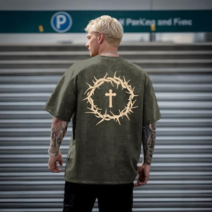 Mens Faith Over Fear Christian Shirts Jesus God Religious Bible Verse Cross Tshirt Oversized Acid Wash Graphic Tees - color: Army Green, size: Small