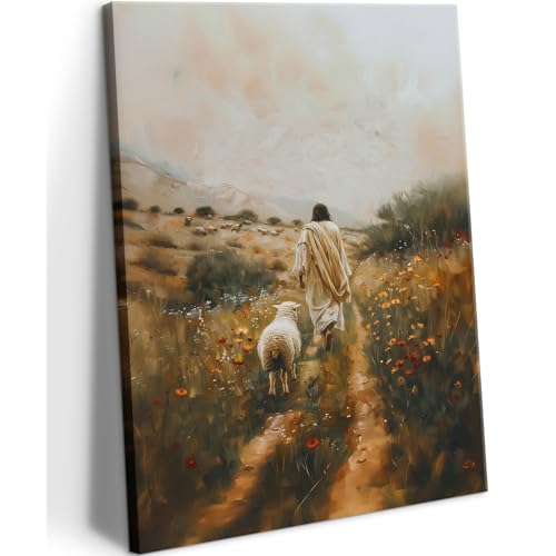 Jesus Leaves the 99 Sheep Canvas Wall Art Jesus and Lamb Painting Wall Decor Picture The Lost Sheep Posters Prints Christian Baptism gifts for Living Room Bedroom Prayer Home Decor 16x24 In canvas - color: Jesus03, size: 16"L x 24"W