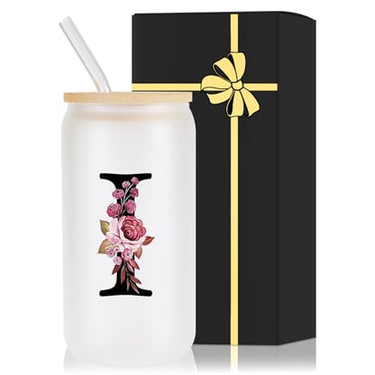 Monogrammed Glass Drinking Cup With Lid Straw Women Thank you Appreciation Gratitude Gifts Female Teacher End of Year School Bus Driver Nurse Pastor Team Mom Coach Crossing Guard Scout Leader Doctor,I - style: Letter I