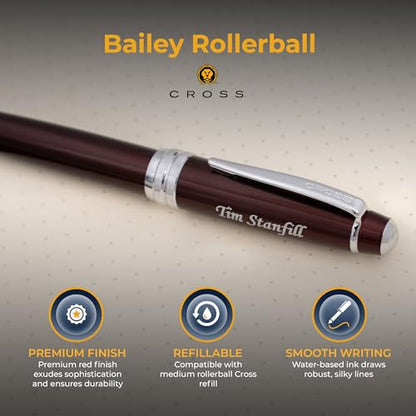Cross Bailey Personalized Rollerball Pen in Red Lacquer with Chrome Trim - color: Red