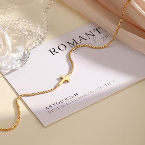 Rotnso Cross Necklace for Women 14K Gold Plated Dainty Small Pendant Choker - style: Box Chain Sideways Cross-GD