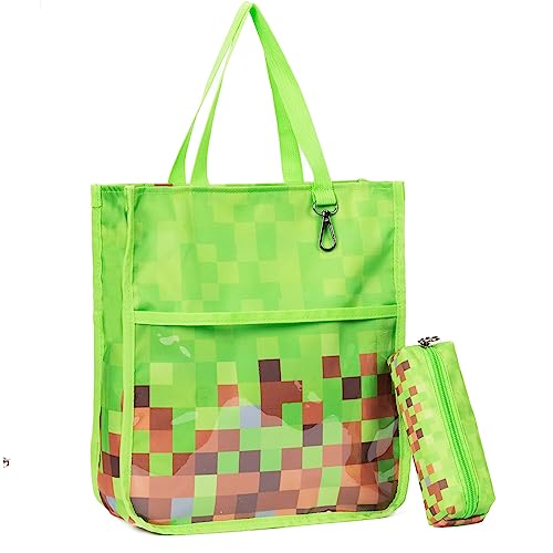 Kids Cute Tote Bags for Boys Girls Ages 4-16,Handbags with Pencil Case, Book Tote Bags with Zipper for School and Playtime (green) - color: Green