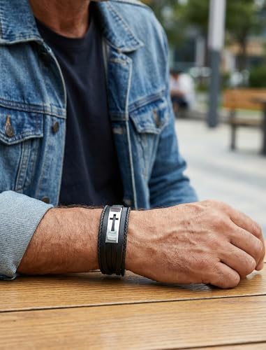 Mens Leather Cross Bracelet Multilayer Braided Wristband Bangle Bracelets with Stainless Steel Buckle Religious Gift for Men Brown/Black/Blue–8.3 inch - color: Style3, size: 8.3in(Fits most wrists)