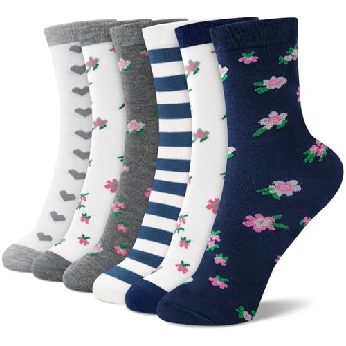 6 Pairs Crew Socks for Women, Soft Cute Funny Cotton Socks - color: Coastal Bloom